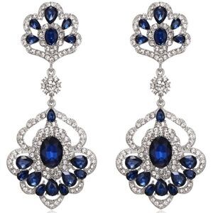 Silver with Sapphire Blue and Diamond Austrian Crystal Chandelier Post Earrings